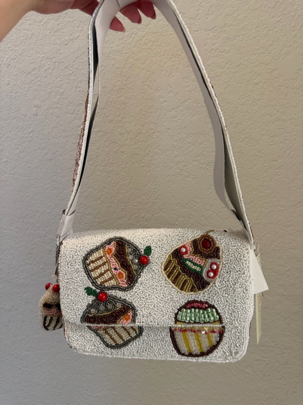 Viral Cupcake Dessert Beaded Shoulder Bag w/Charm NWT